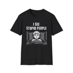 Text "I See Stupid People," with terrified boy laying in bed under his blanket.
