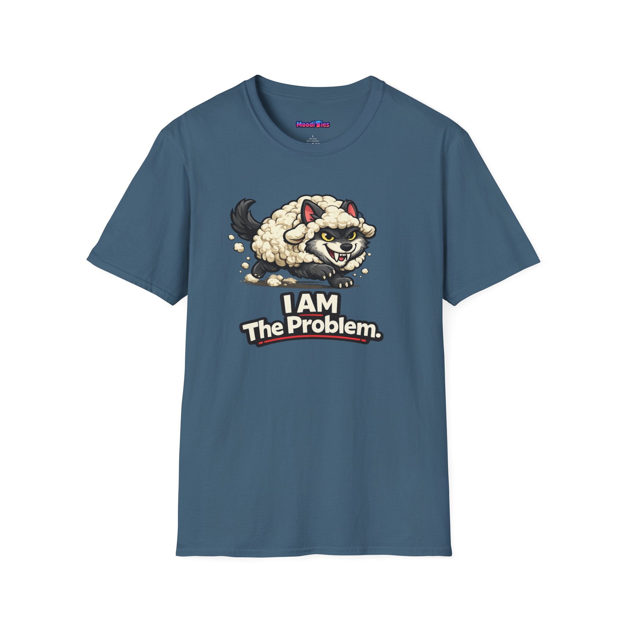 Text "I AM The Problem," with wicked grinning gray wolf wearing a white wool sheep costume stalking its prey.