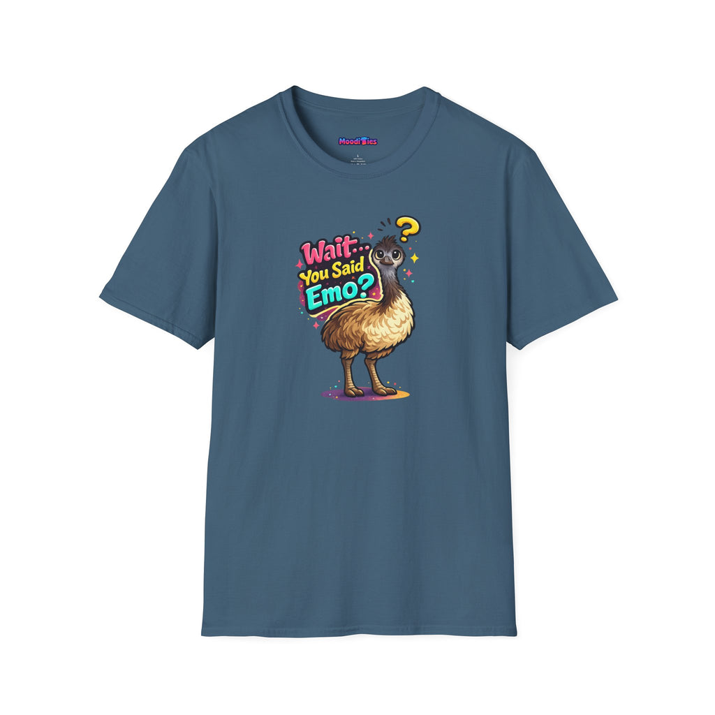Text "Wait… You Said Emo?" with funny confused emu illustration