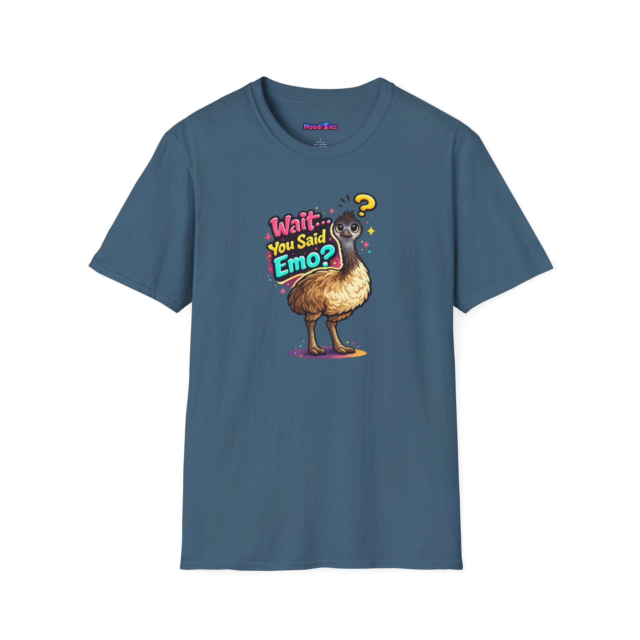Text "Wait… You Said Emo?" with funny confused emu illustration