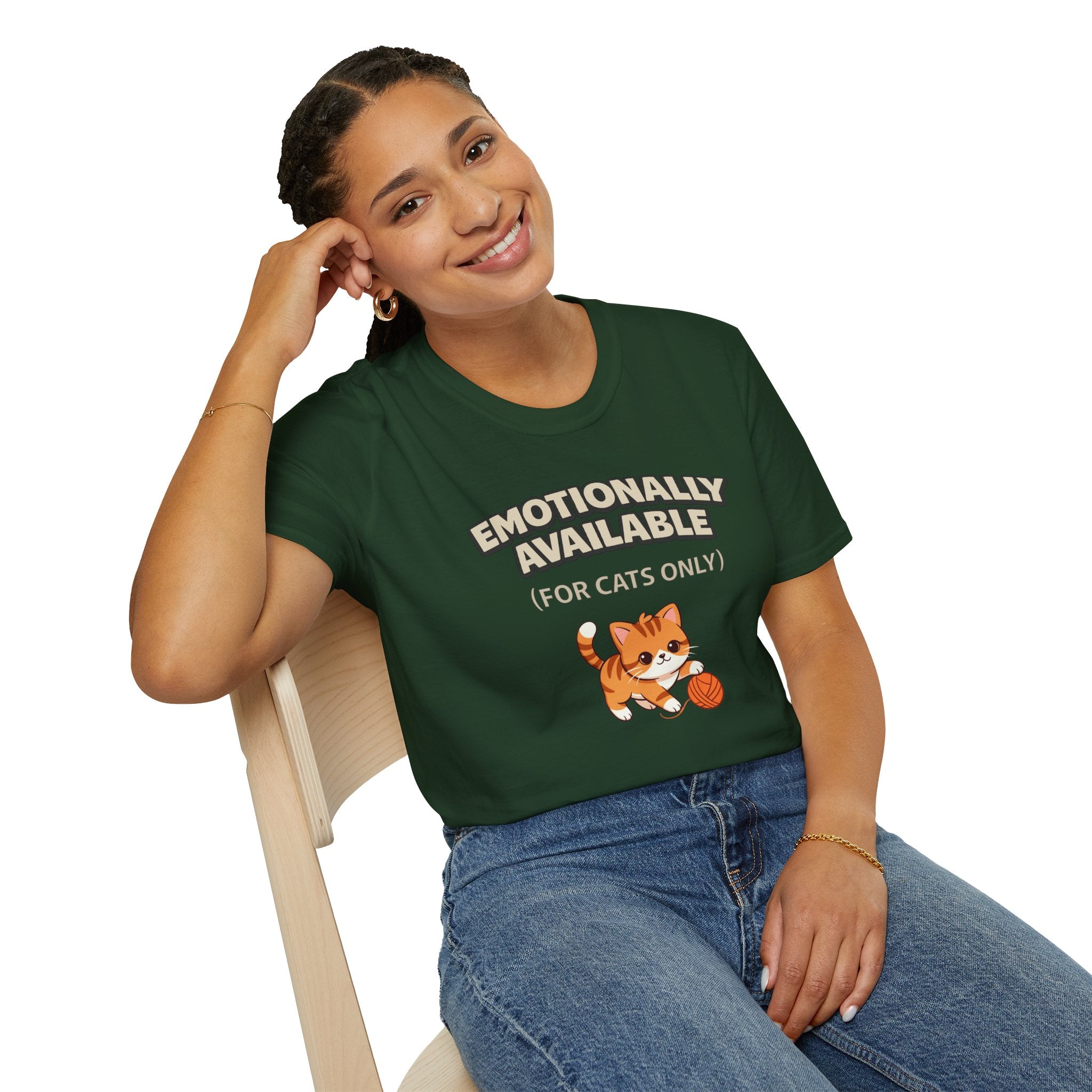 "Emotionally Available (For Cats Only)" Cat Playing with Yarn T-Shirt