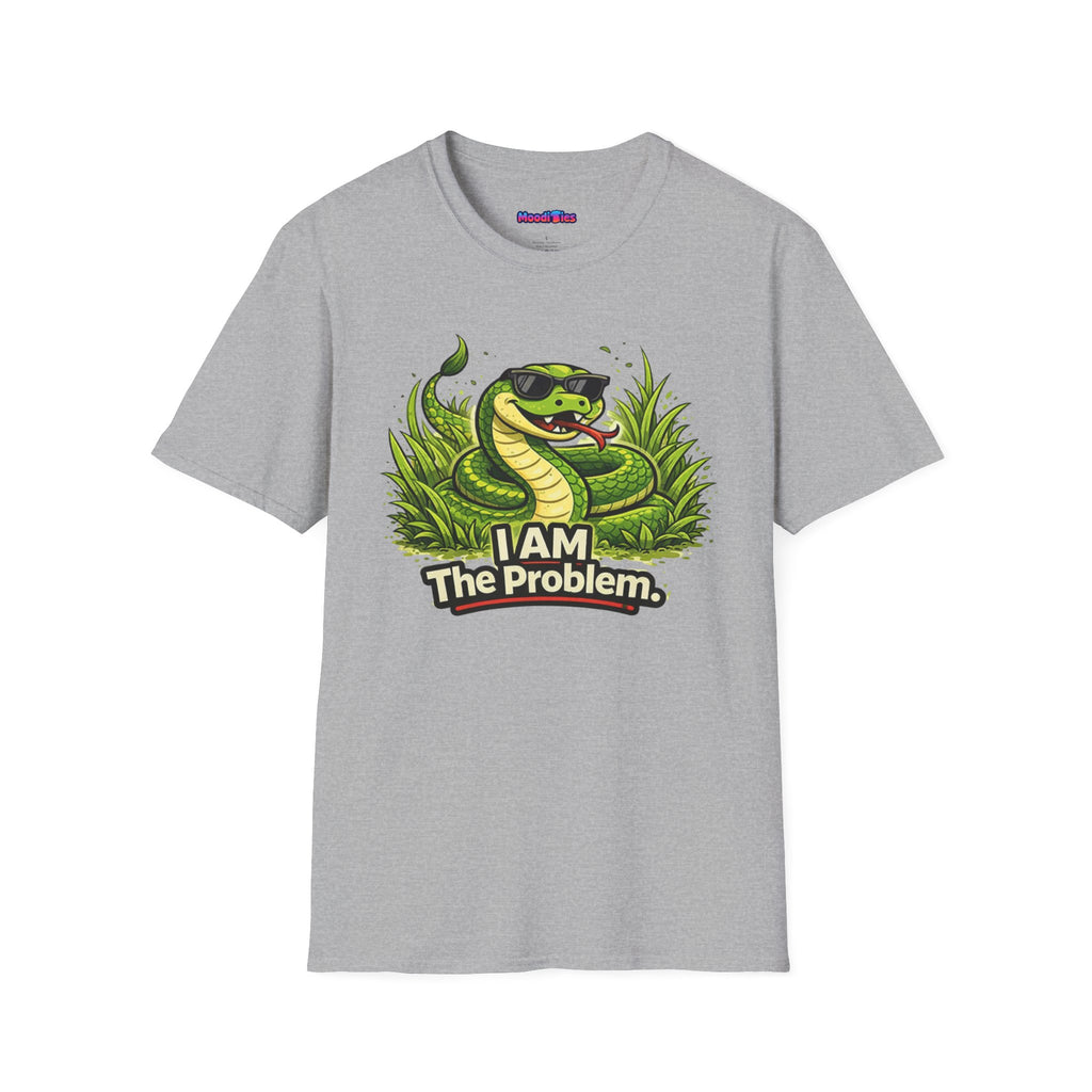 Text "I AM The Problem," with grinning green snake wearing sunglasses curled up in an identically green tall patch of grass.