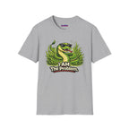 Text "I AM The Problem," with grinning green snake wearing sunglasses curled up in an identically green tall patch of grass.