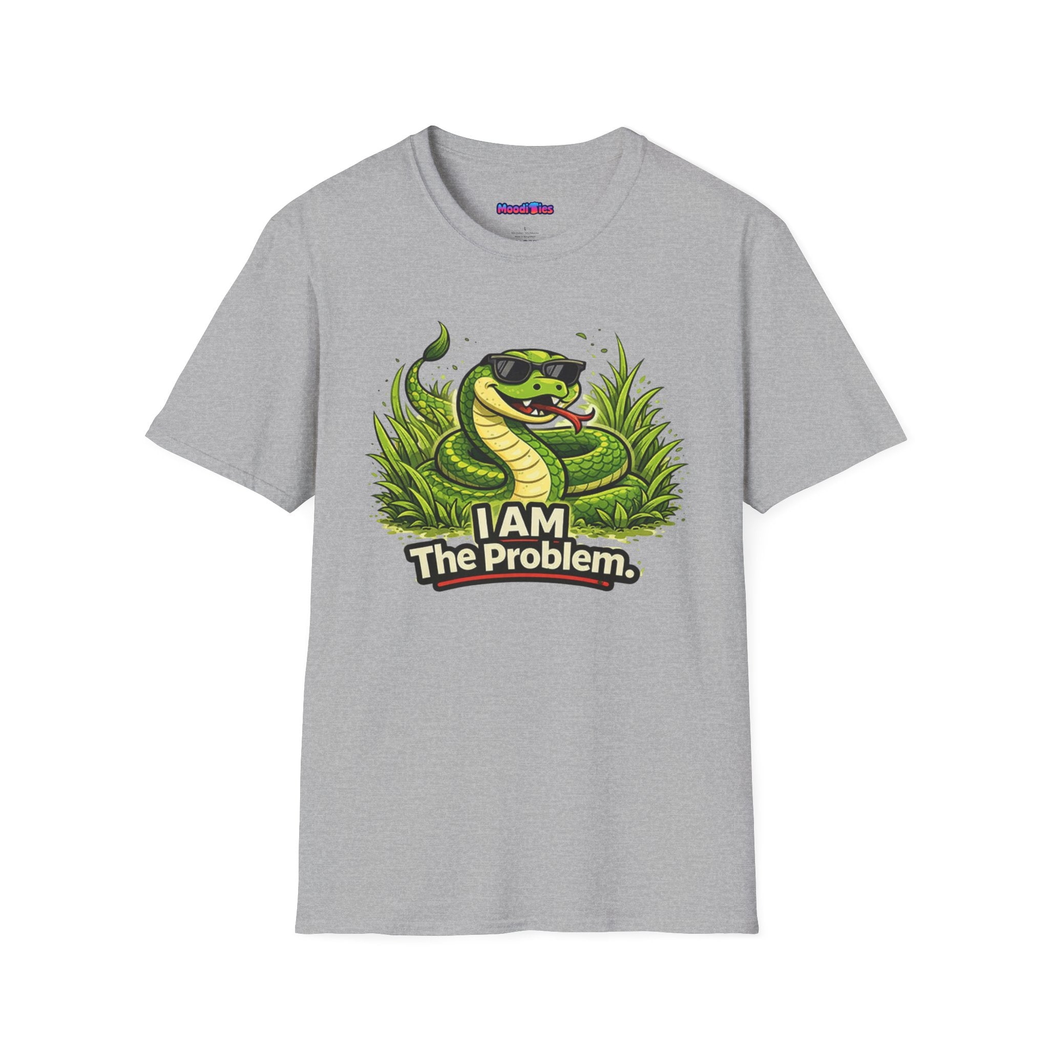 Text "I AM The Problem," with grinning green snake wearing sunglasses curled up in an identically green tall patch of grass.