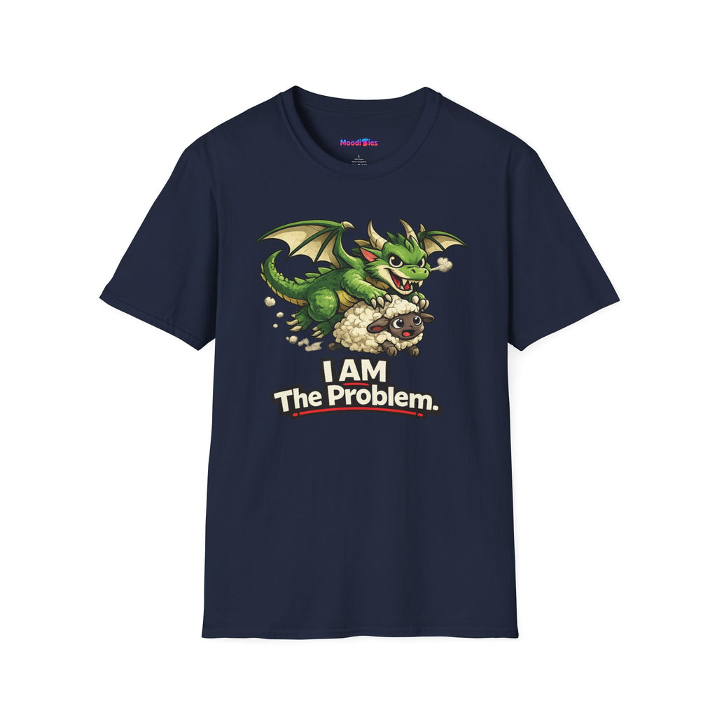 Text "I AM The Problem," naughty baby dragon carrying off a surprised sheep.