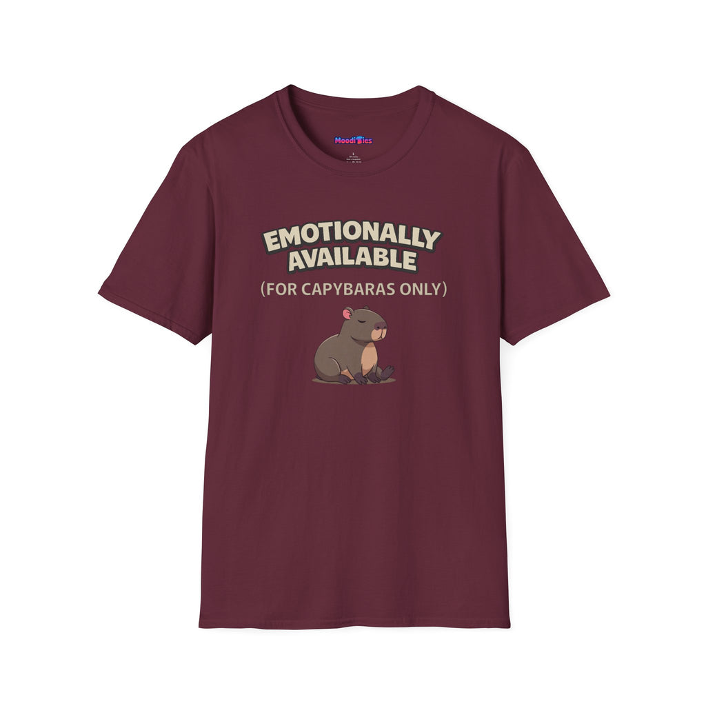 Text "Emotionally Available (For Capybaras Only)," with cute cartoon capybara illustration