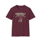 Text "Emotionally Available (For Capybaras Only)," with cute cartoon capybara illustration