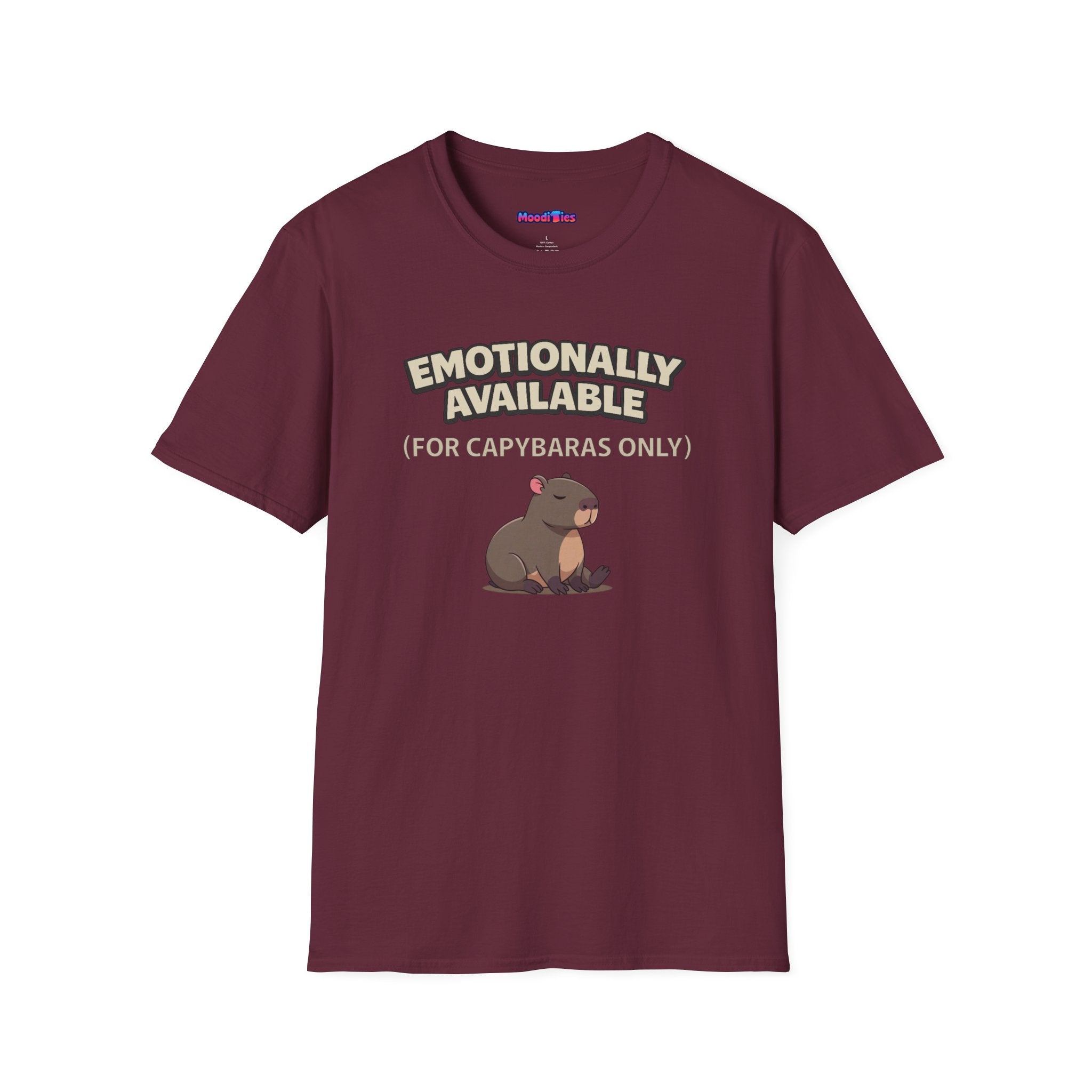 Text "Emotionally Available (For Capybaras Only)," with cute cartoon capybara illustration