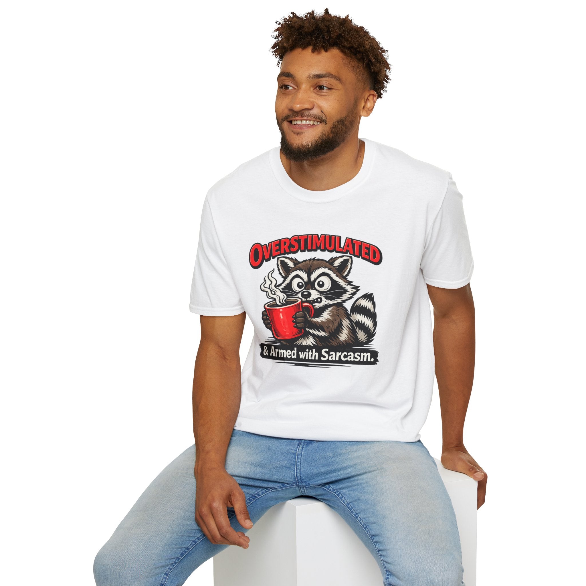 "Overstimulated & Armed with Sarcasm" Raccoon with Coffee T-Shirt
