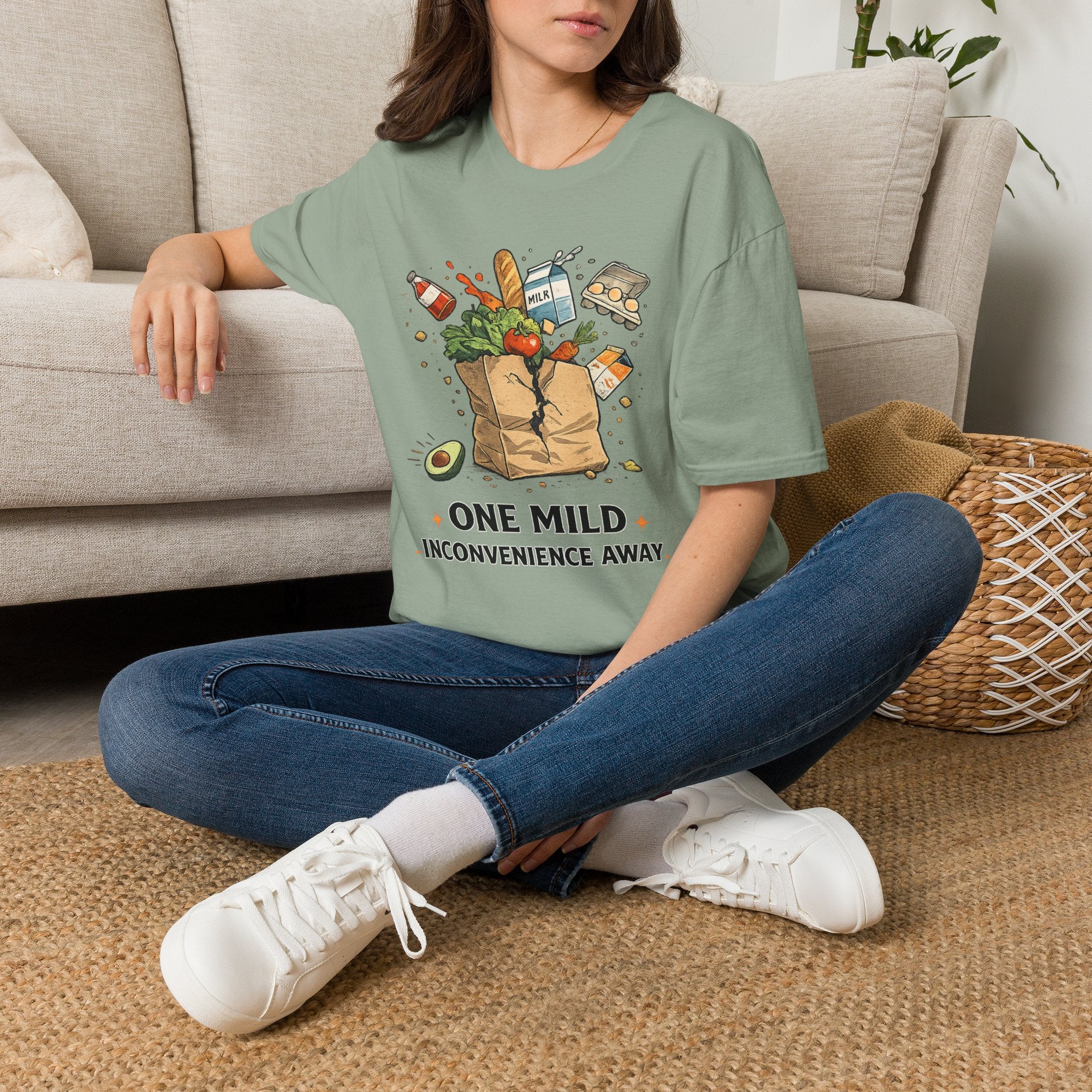 "One Mild Inconvenience Away" Exploding Grocery Bag T-Shirt