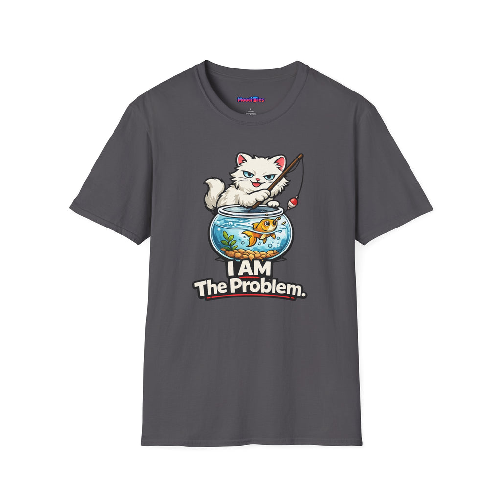 Text "I AM The Problem," smug white cat with a fishing pole over the goldfish bowl and a hooked goldfish.