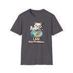 Text "I AM The Problem," smug white cat with a fishing pole over the goldfish bowl and a hooked goldfish.
