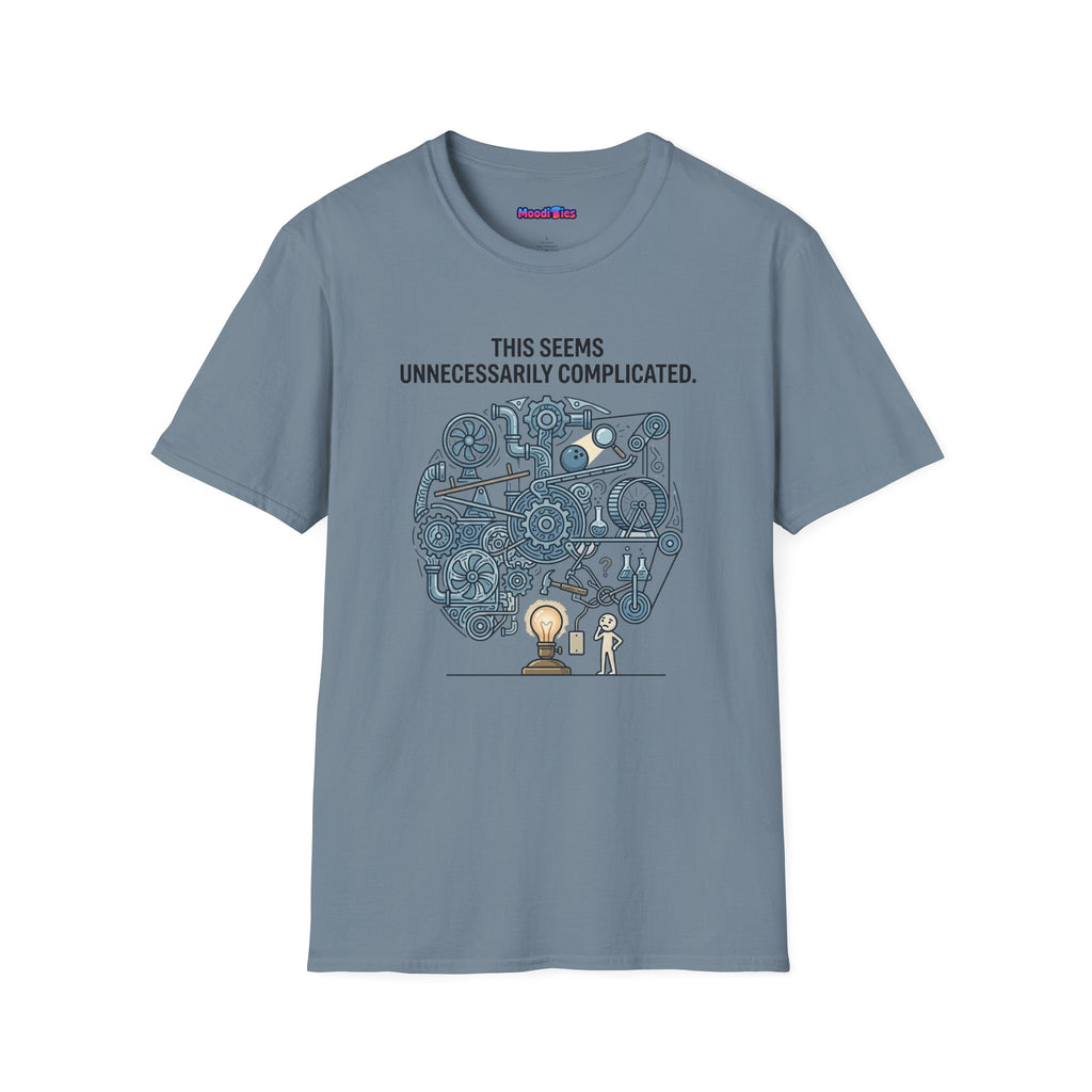 "This Seems Unnecessarily Complicated" Crazy Lightswitch Machine T-Shirt — Humorous Mechanical Maze Tee