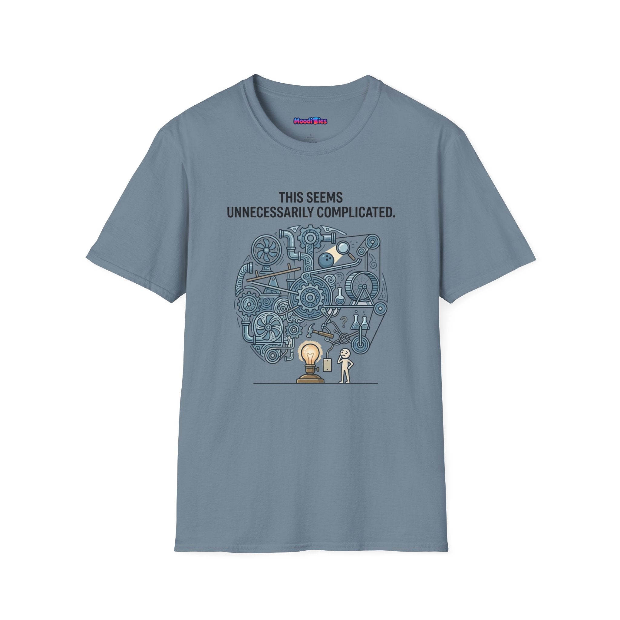 "This Seems Unnecessarily Complicated" Crazy Lightswitch Machine T-Shirt — Humorous Mechanical Maze Tee
