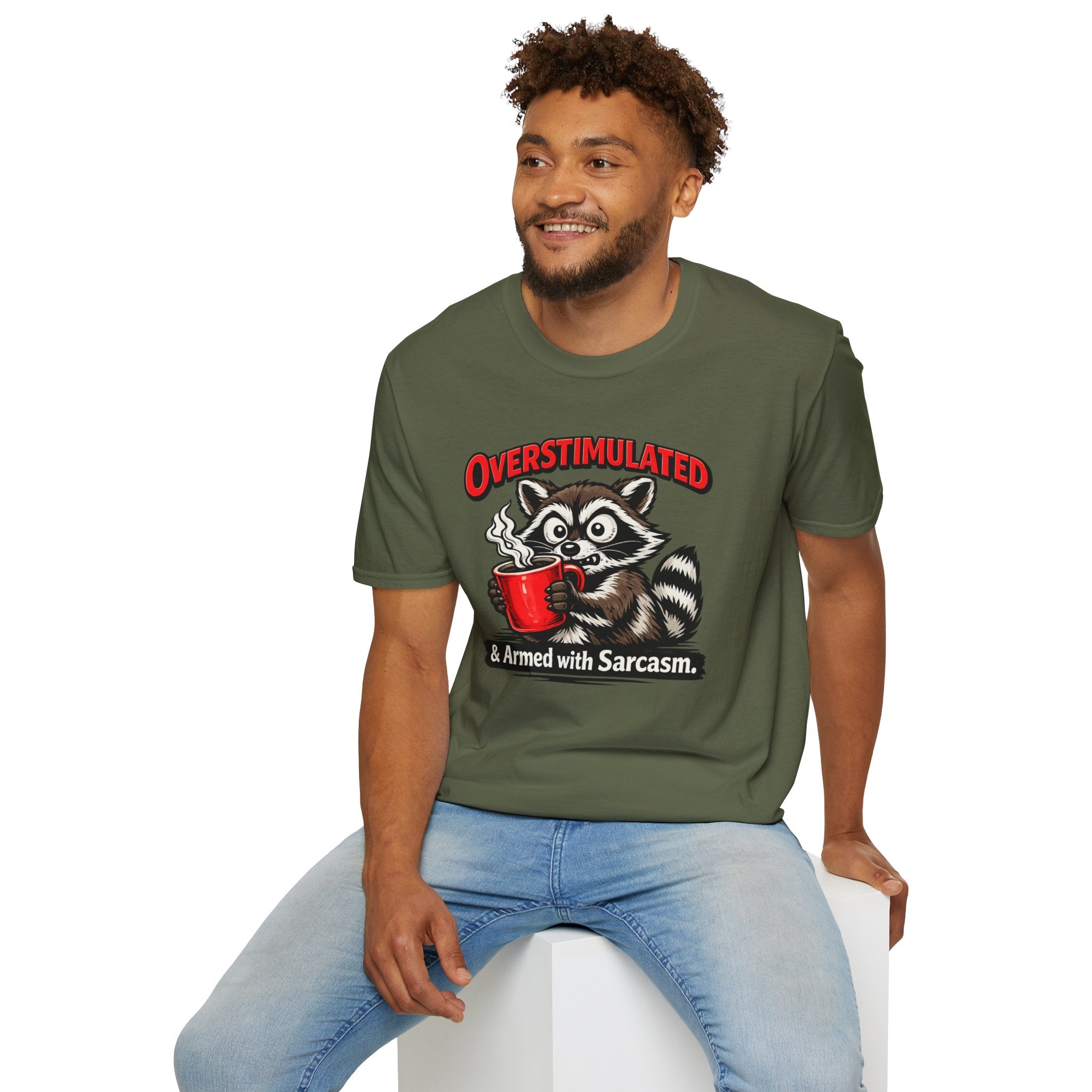 "Overstimulated & Armed with Sarcasm" Raccoon with Coffee T-Shirt