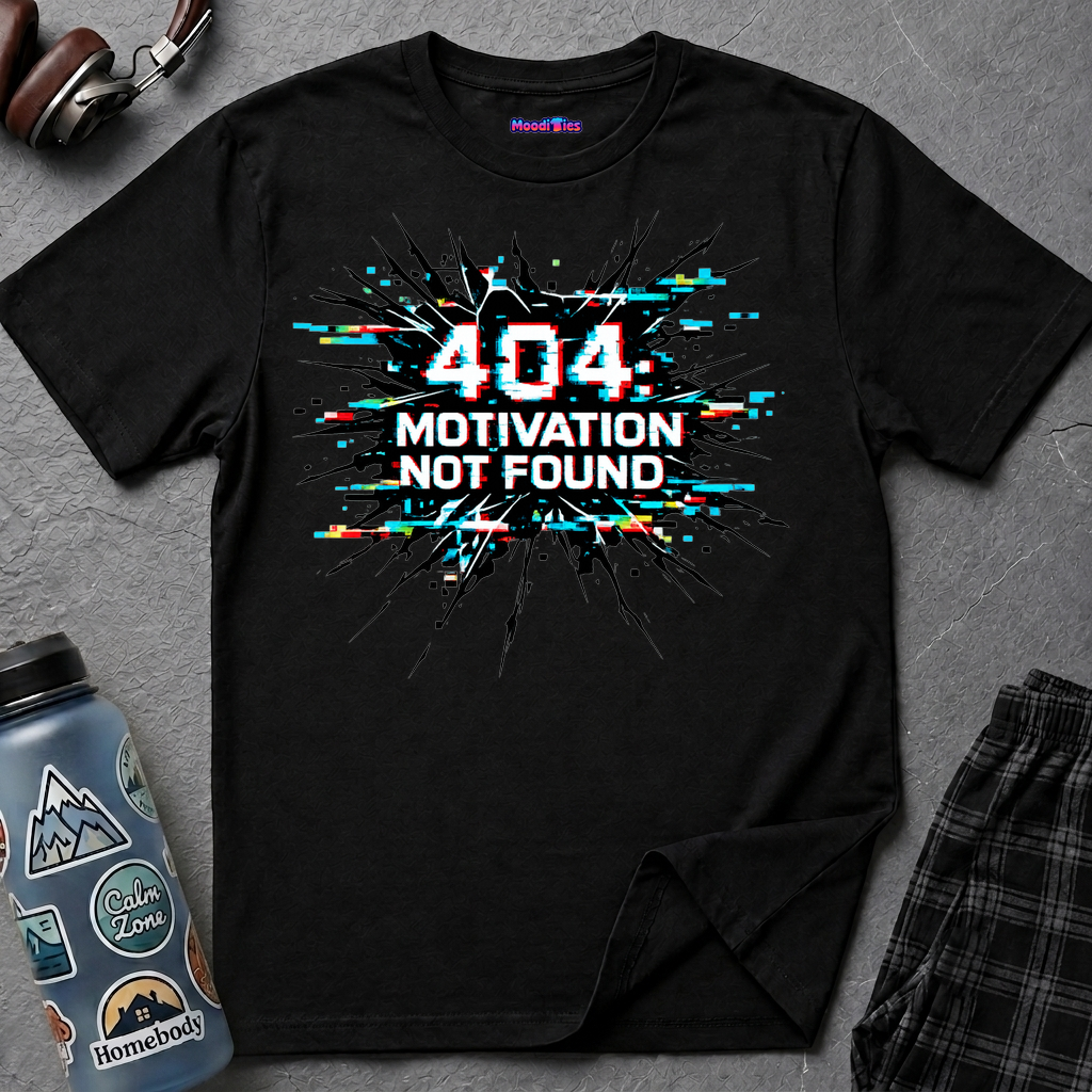 Text "404 Motivation Not Found" pixelated error message with glitch style design