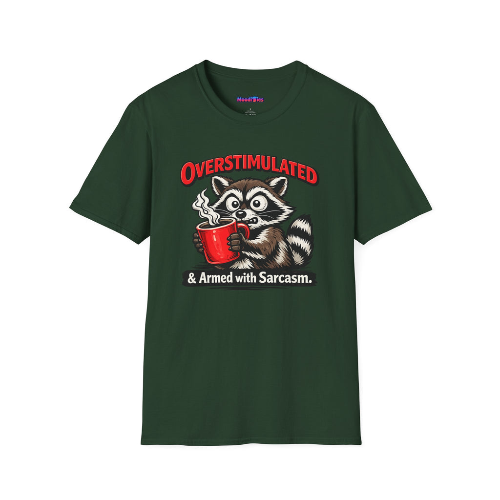 "Overstimulated & Armed with Sarcasm" Raccoon with Coffee T-Shirt