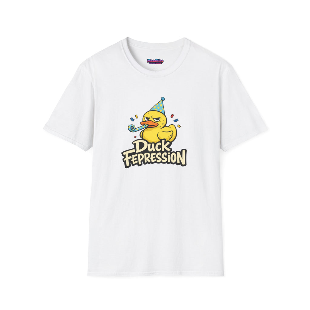 Text "Duck Fepression" featuring unhappy cartoon rubber ducky wearing a party hat and blowing a party horn.