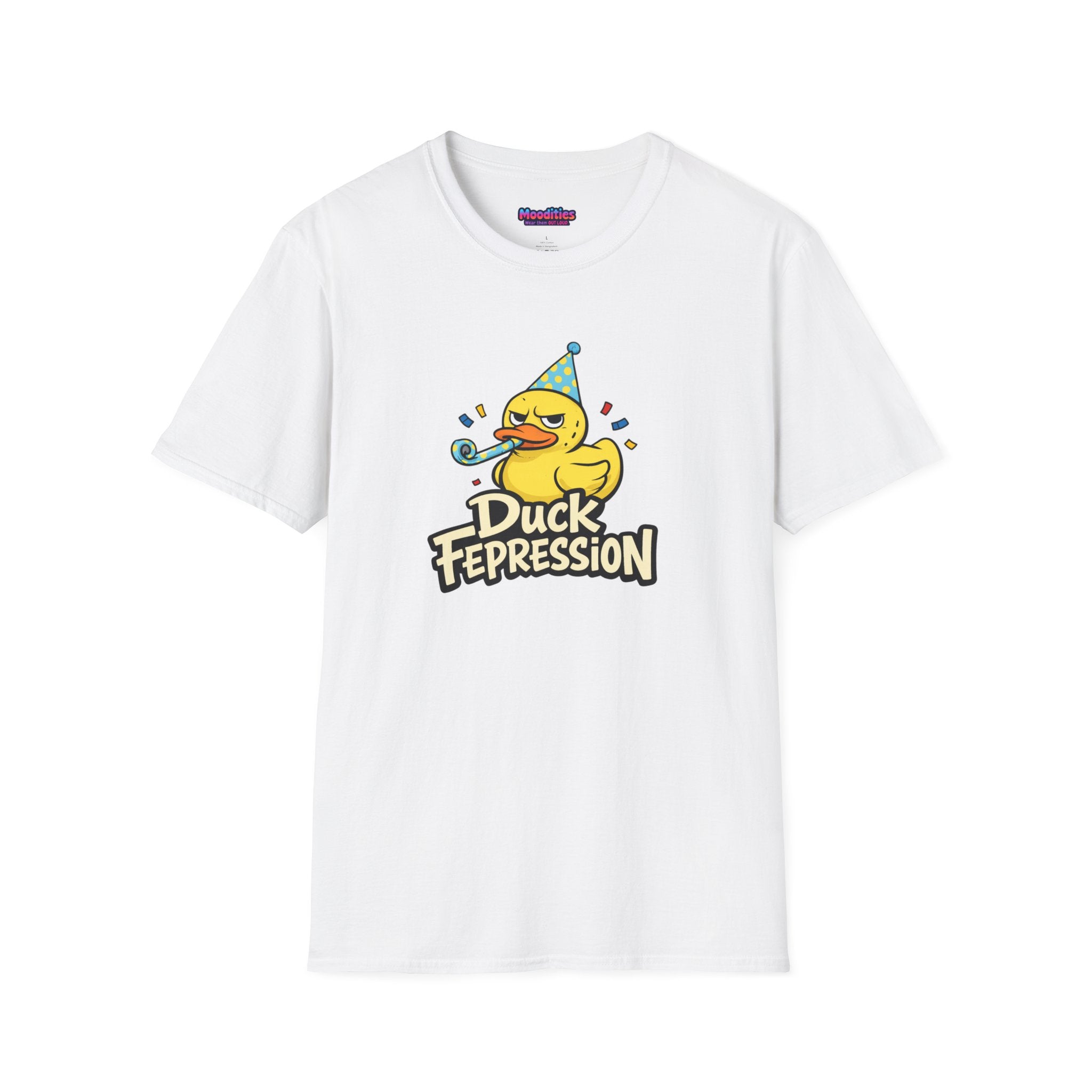 Text "Duck Fepression" featuring unhappy cartoon rubber ducky wearing a party hat and blowing a party horn.