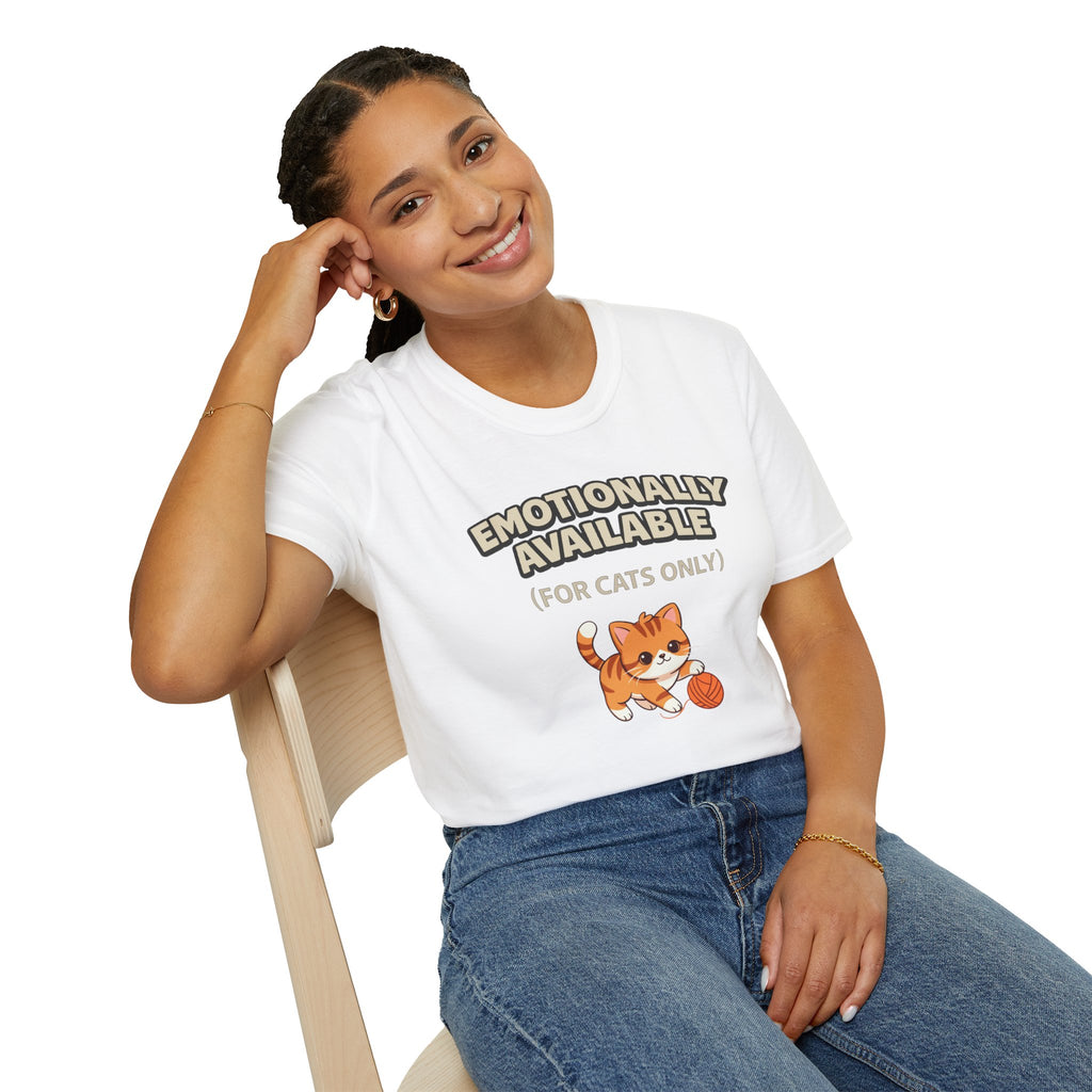 "Emotionally Available (For Cats Only)" Cat Playing with Yarn T-Shirt