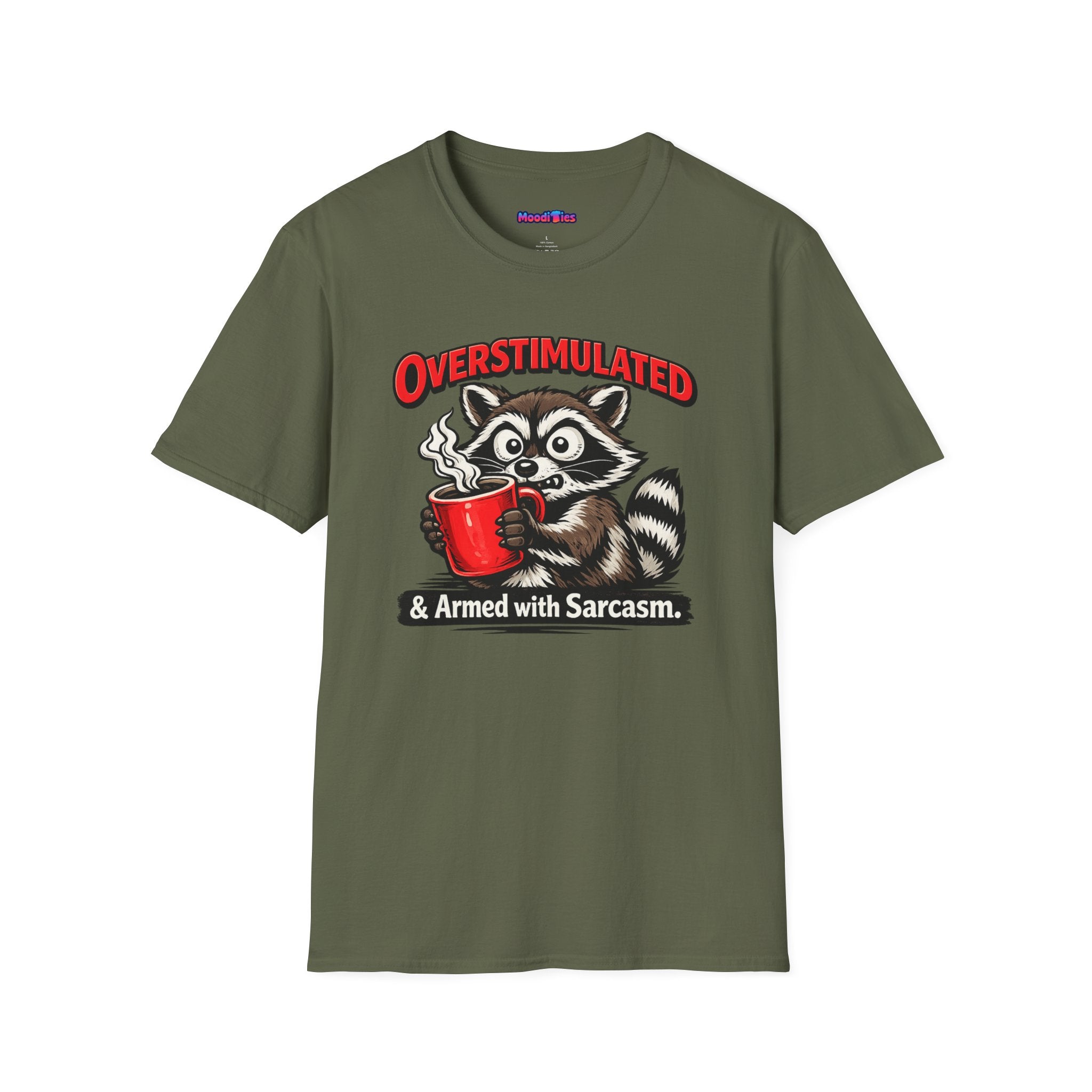 "Overstimulated & Armed with Sarcasm" Raccoon with Coffee T-Shirt