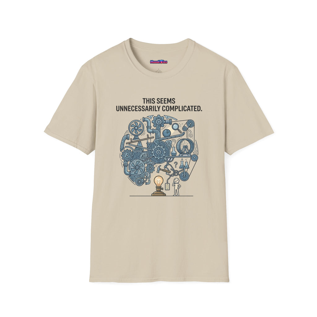 "This Seems Unnecessarily Complicated" Crazy Lightswitch Machine T-Shirt — Humorous Mechanical Maze Tee