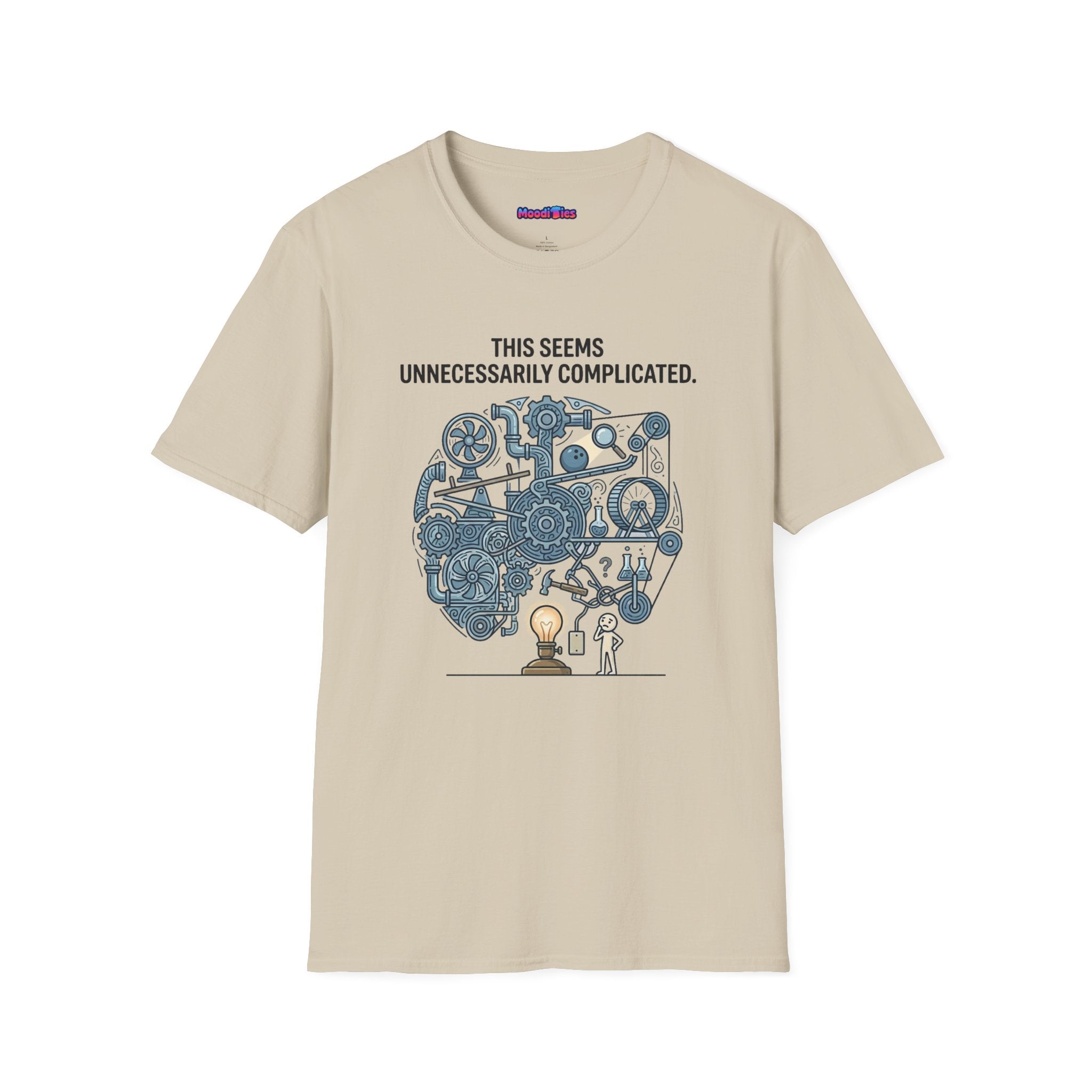 "This Seems Unnecessarily Complicated" Crazy Lightswitch Machine T-Shirt — Humorous Mechanical Maze Tee