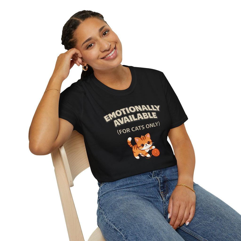 "Emotionally Available (For Cats Only)" Cat Playing with Yarn T-Shirt