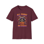 Text "All Panic No Disco" distressed raccoon wearing sunglasses holding up a HELP sign