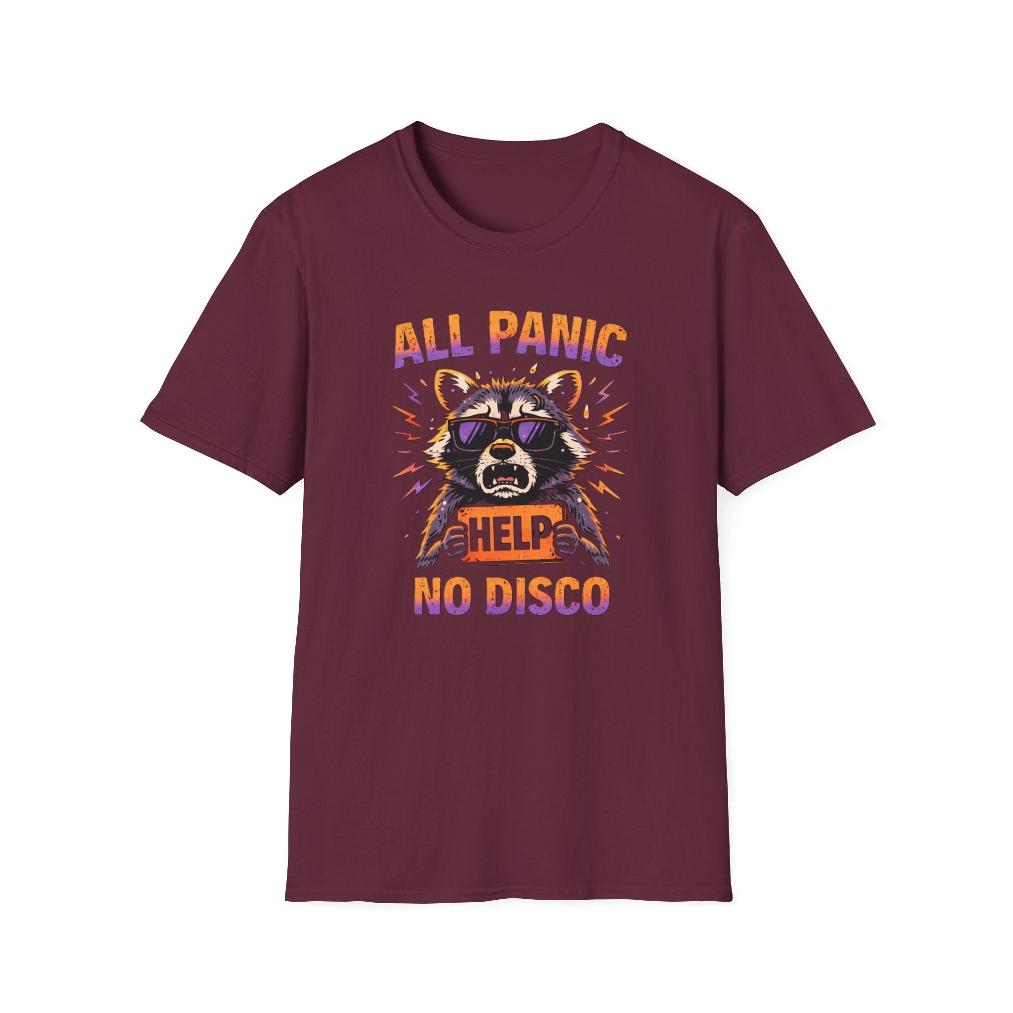 Text "All Panic No Disco" distressed raccoon wearing sunglasses holding up a HELP sign