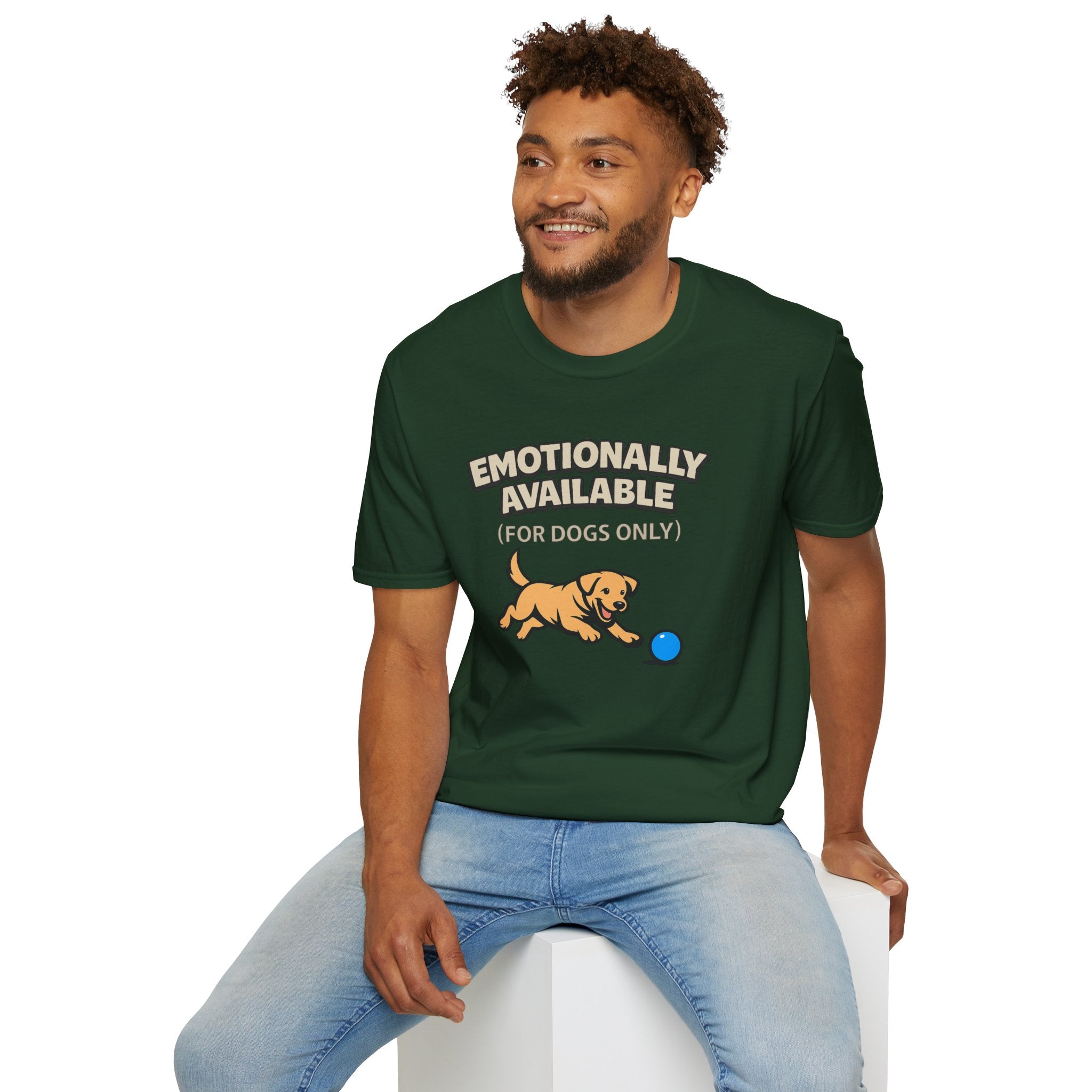 "Emotionally Available (For Dogs Only)" Dog Chasing Ball T-Shirt