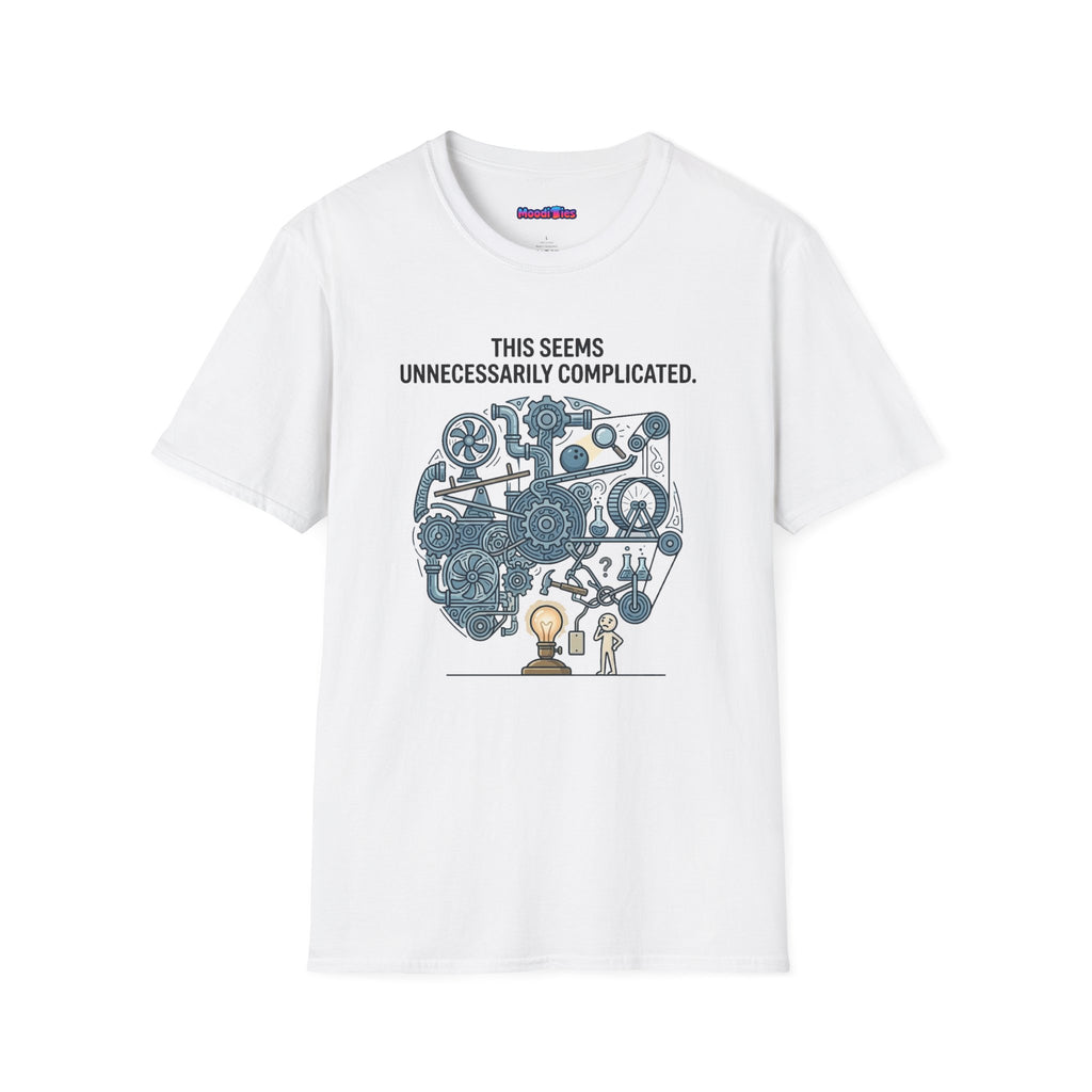 "This Seems Unnecessarily Complicated" Crazy Lightswitch Machine T-Shirt — Humorous Mechanical Maze Tee
