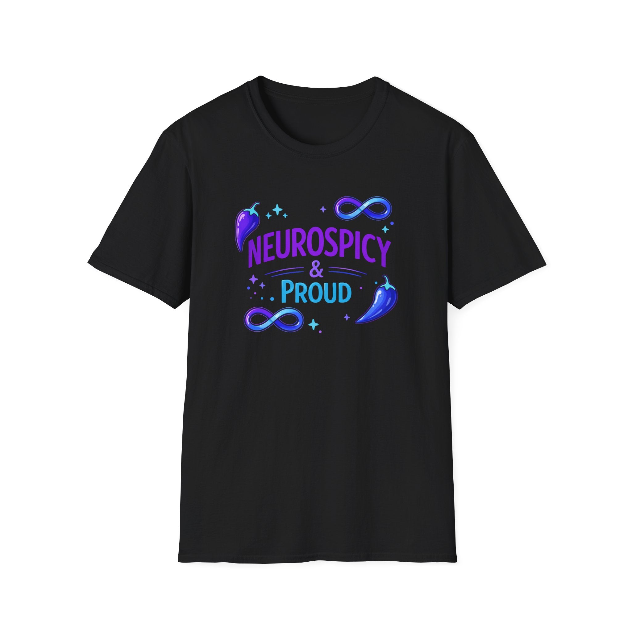 Text "Neurospicy & Proud" in purple and blue fonts with purple and blue chili peppers and infinity symbols.