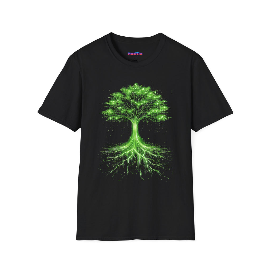 Glowing green wires and circuitry form the trunk, roots, and branches of a digital Tree of Life graphic on a black background