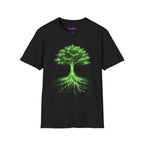 Glowing green wires and circuitry form the trunk, roots, and branches of a digital Tree of Life graphic on a black background