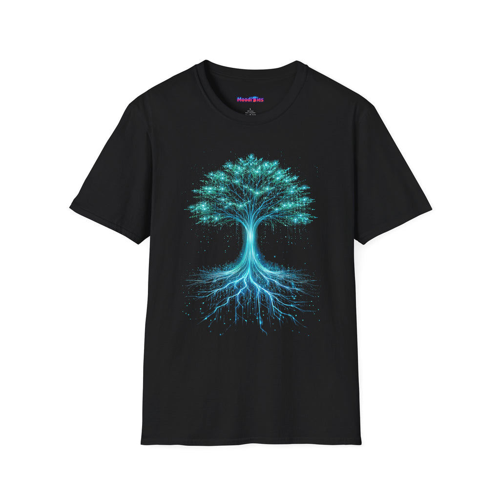 Glowing blue wires and circuitry form the trunk, roots, and branches of a digital Tree of Life graphic on a black background
