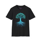 Glowing blue wires and circuitry form the trunk, roots, and branches of a digital Tree of Life graphic on a black background