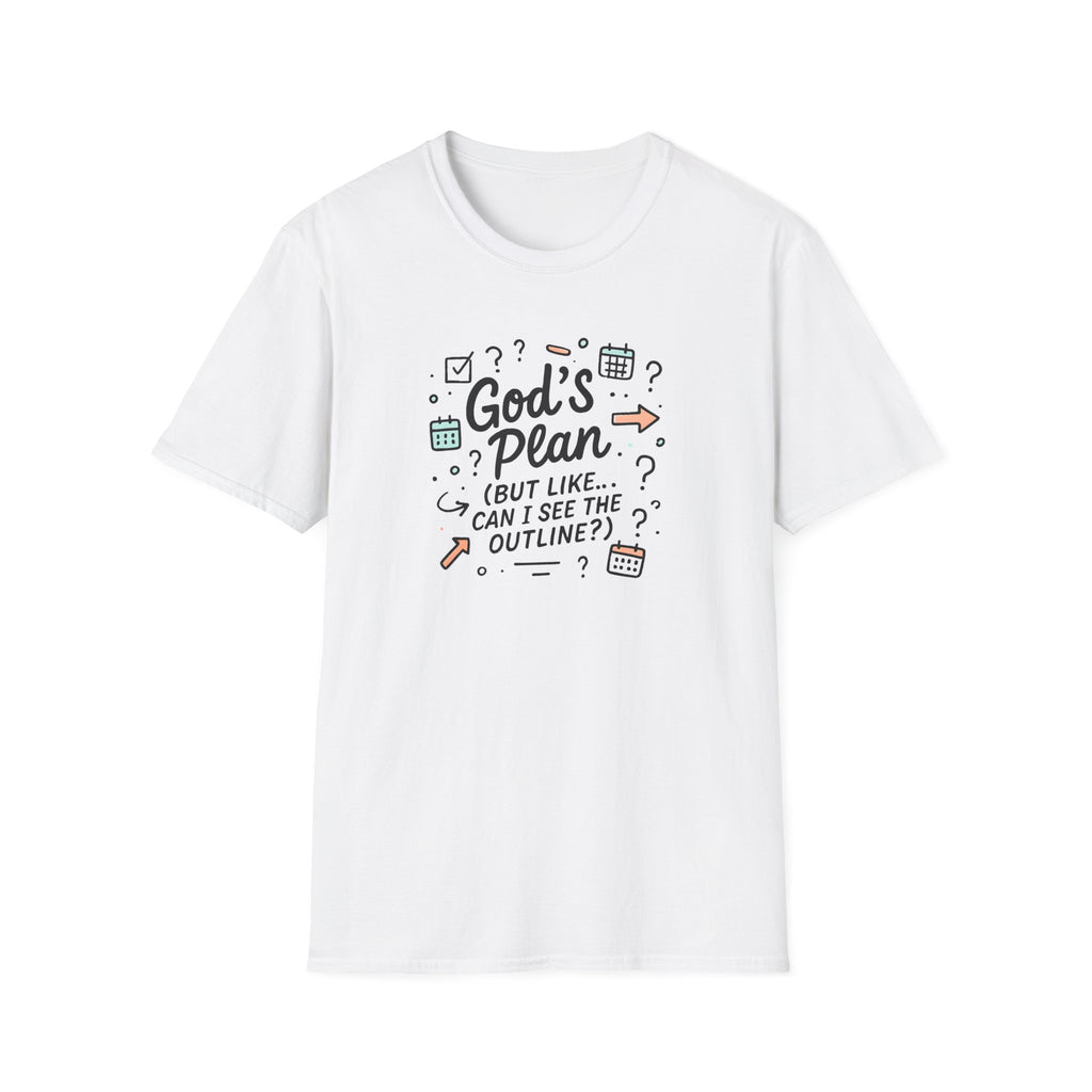 Text "God's Plan (But Like … Can I See The Outline?)" in handwritten font with calendar pages, arrows, and other doodles.