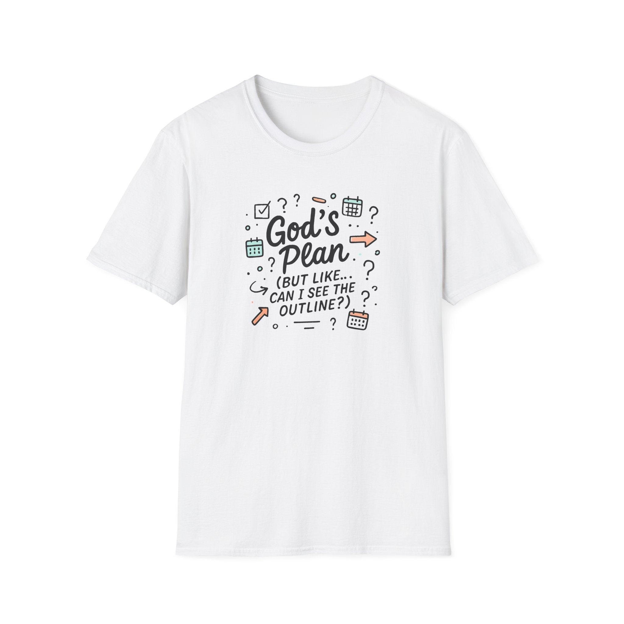 Text "God's Plan (But Like … Can I See The Outline?)" in handwritten font with calendar pages, arrows, and other doodles.
