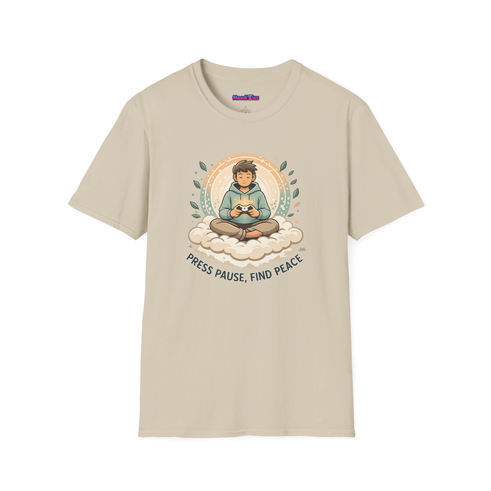 Text "Press Pause Find Peace" featuring serene gamer in comfy sweats sitting on a cloud indian-style holding a game controller.