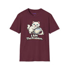 Text "I AM The Problem," smug white cat dumping over a pitcher of cream.