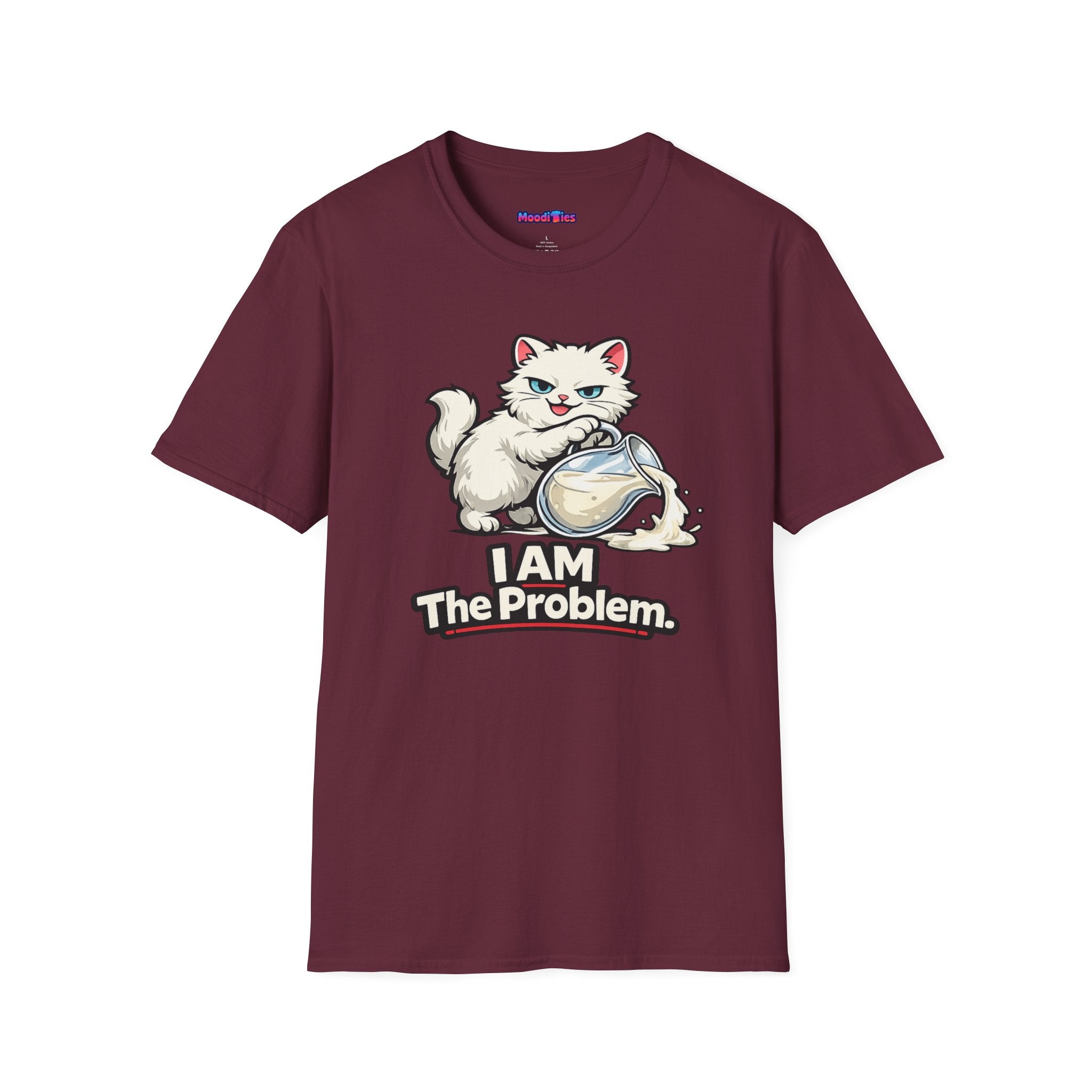 Text "I AM The Problem," smug white cat dumping over a pitcher of cream.