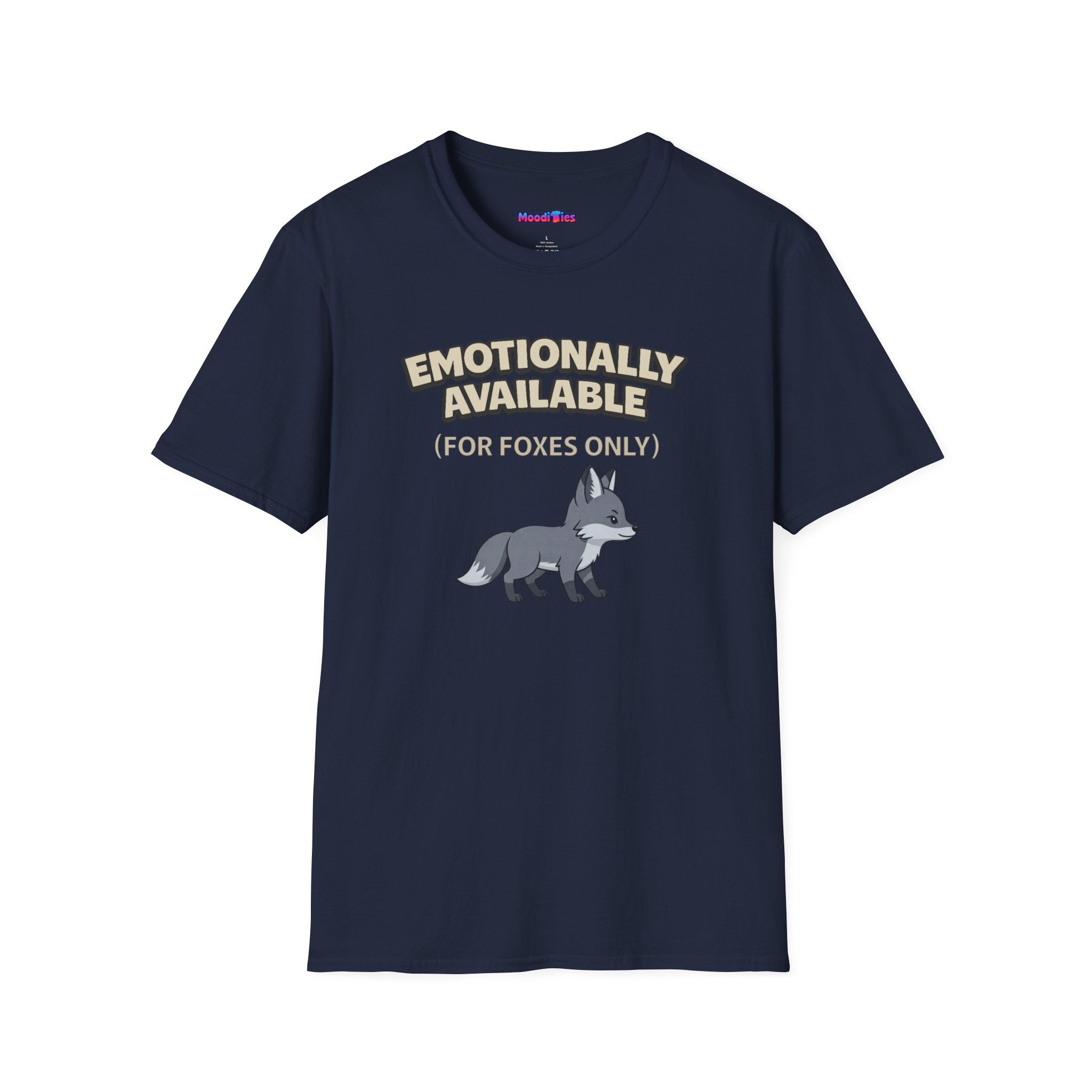Text "Emotionally Available (For Foxes Only)," with cute cartoon fox illustration