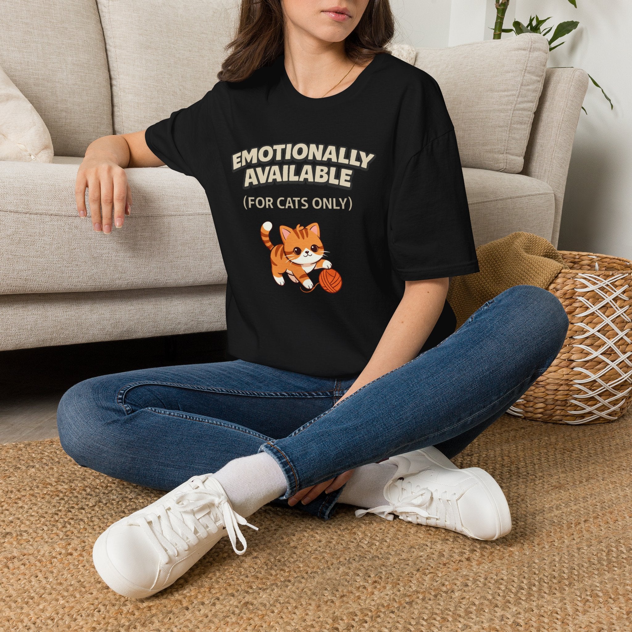 "Emotionally Available (For Cats Only)" Cat Playing with Yarn T-Shirt
