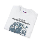 "This Seems Unnecessarily Complicated" Crazy Lightswitch Machine T-Shirt — Humorous Mechanical Maze Tee