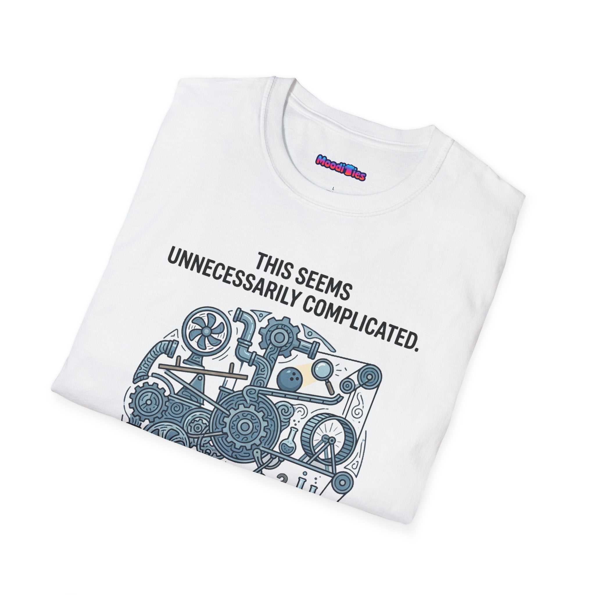 "This Seems Unnecessarily Complicated" Crazy Lightswitch Machine T-Shirt — Humorous Mechanical Maze Tee