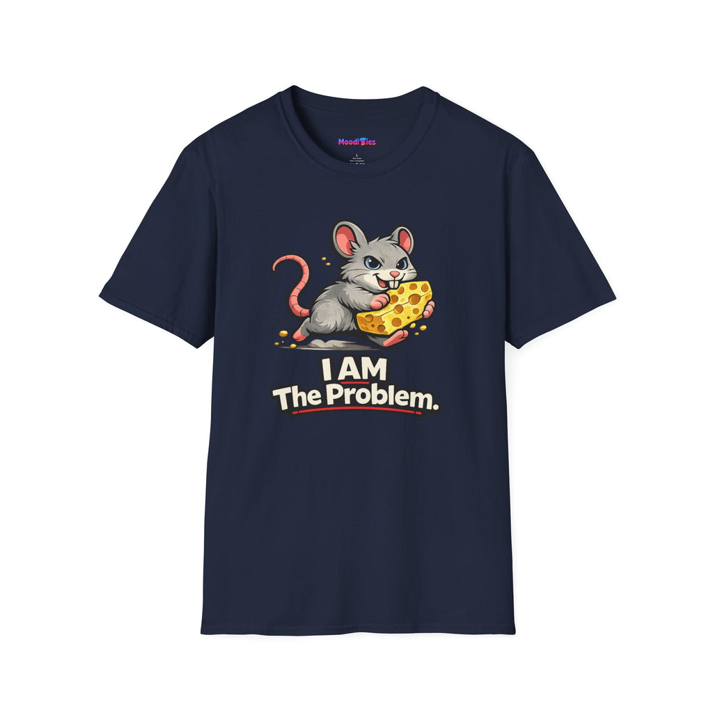 Text "I AM The Problem," snickering gray mouse running off with a large chunk of swiss cheese.