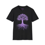 Glowing purple wires and circuitry form the trunk, roots, and branches of a digital Tree of Life graphic on a black background
