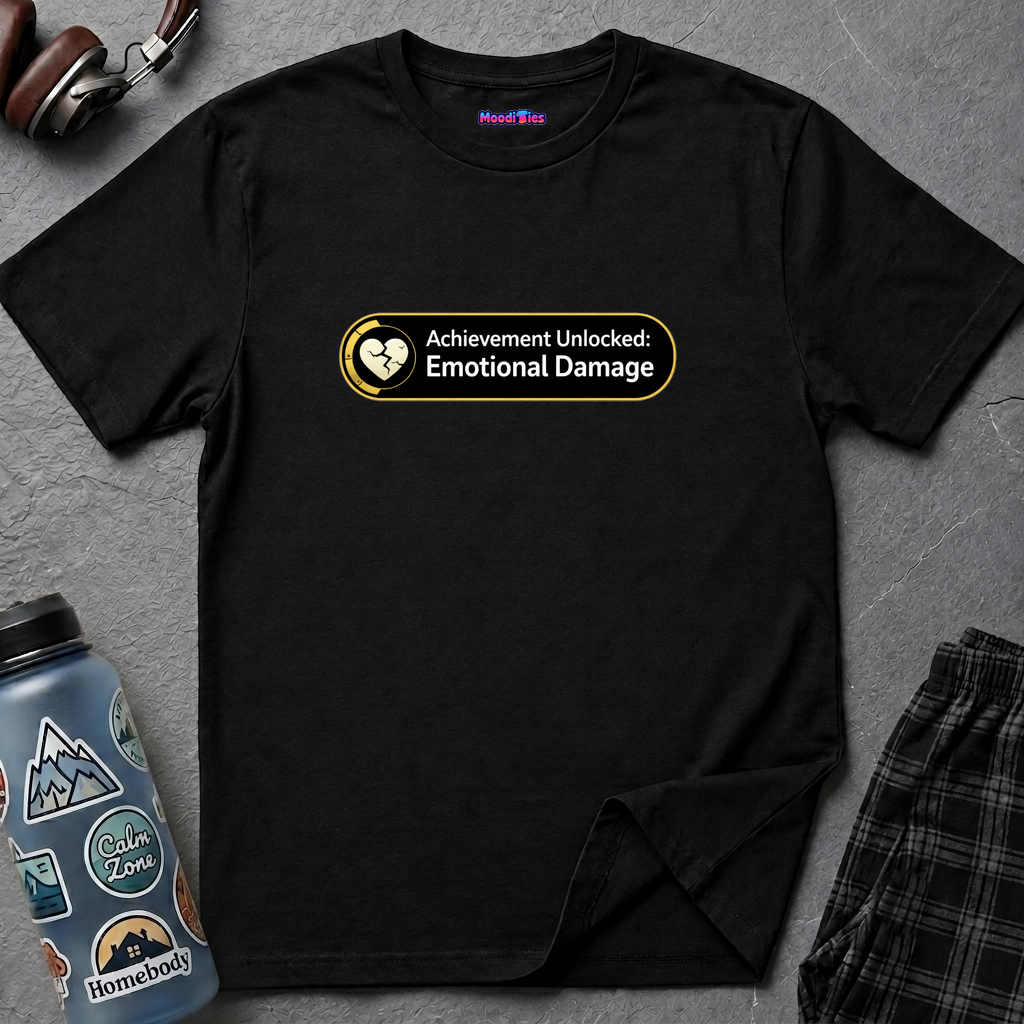 Black and gold banner with text “Achievement Unlocked: Emotional Damage” and heart icon showing about 45% capacity.