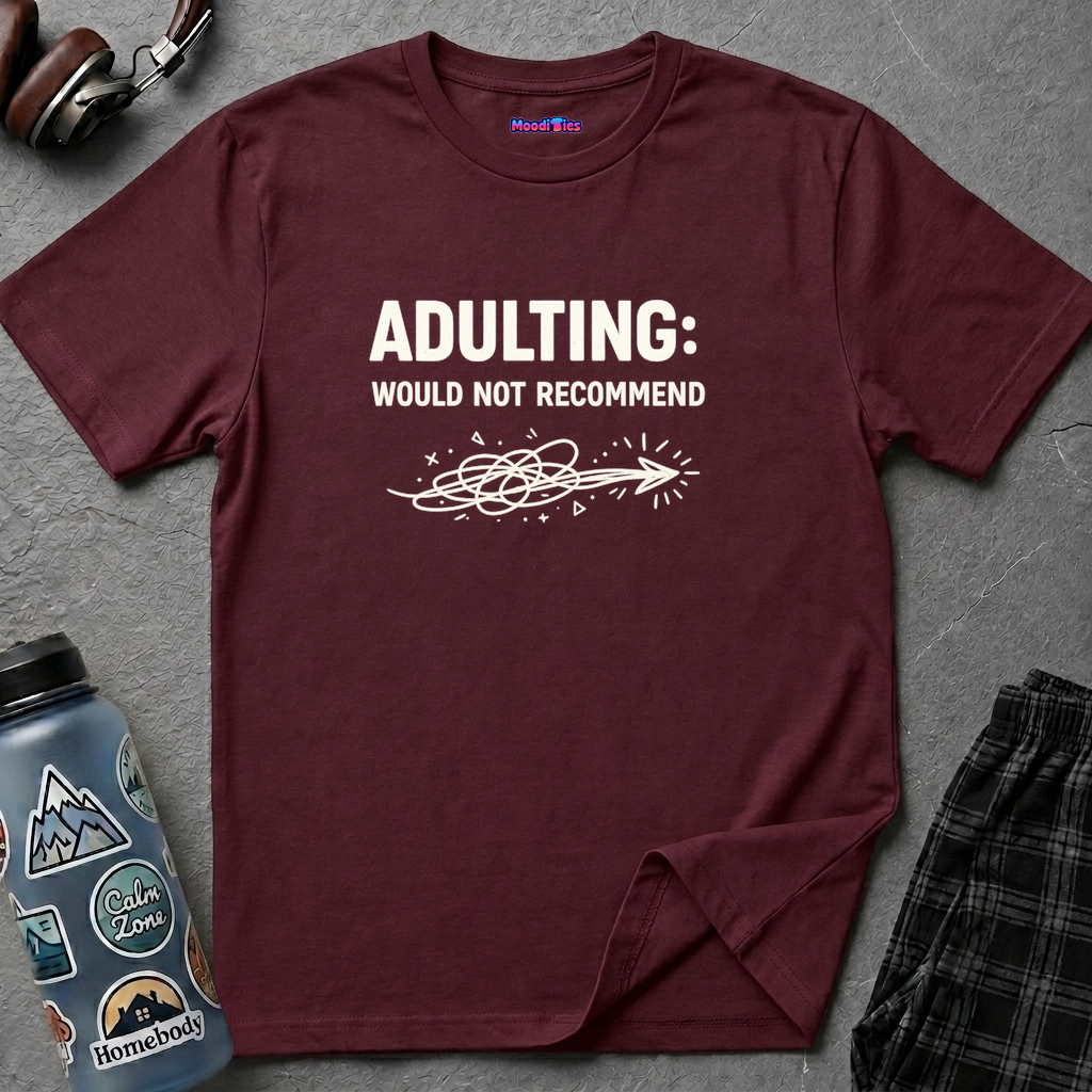 Text "Adulting: Would Not Recommend" with chaotic squiggles and pointing arrow design